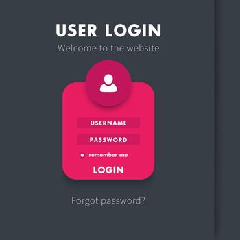 User Login window concept, login page for website in red and dark gray, vector illustration