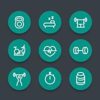 Fitness line icons, thick outline, workout, fitness signs, training, green round fitness icons, vector illustration