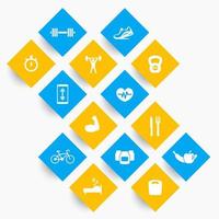 14 fitness, gym icons, exercise, training pictograms on rhombic shapes, vector illustration