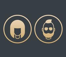 Avatars icons in circles, girl and bearded man, login pictograms, gold on dark, vector illustration