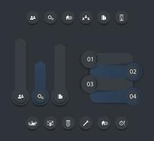 business analytics infographic elements, report design, timeline, step labels, 1 2 3 4, growth arrows, icons, dark version vector