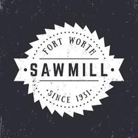 Sawmill vintage logo, emblem, badge, white on dark vector