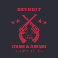 Detroit guns and ammo sign, emblem with two revolvers, red on dark, vector illustration