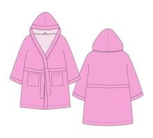 Bathrobe technical sketch. Hooded bathrobe with pocket and belt. Pink color. vector