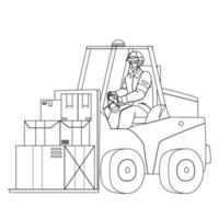 trabajador de montacargas conduciendo camión en vector de almacén