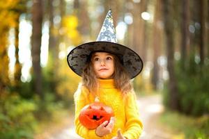 A girl in a witch's hat, in a yellow sweater and with a pumpkin with carved eyes and a mouth Jack o Lantern in a yellow autumn forest. Halloween Holiday photo