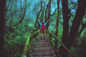 hombre asiático viajar relajarse estudio de la naturaleza en la jungla en chiangmai en tailandia. foto