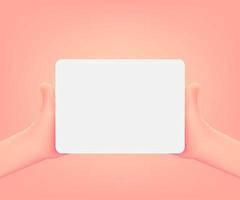 Tablet gadget with blank screen in comic hands. 3d vector mockup