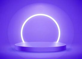 Dark blue room with circle neon light and podium. 3d vector showcase for display products