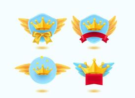 Gold rating badges with king crowns. 3d vector set