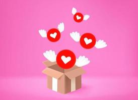 Hearts with the wings flying out the box. 3d vector concept