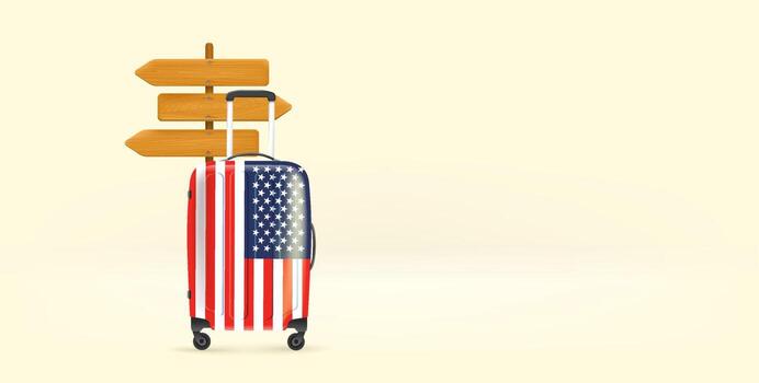 Travel suitcase with american flag and pointer. World travel concept. 3d vector banner with copy space