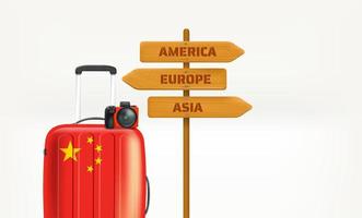 Chinese touristic suitcase with wooden pointer. 3d vector banner with copy space