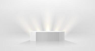 Illuminated white interior with bright spotlights and podium. Showcase for a product. 3d vector illustration