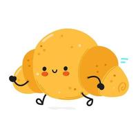 lindo y divertido croissant corriendo. icono de ilustración de personaje kawaii de dibujos animados dibujados a mano vectorial. aislado sobre fondo blanco. ejecutar el concepto de croissant vector