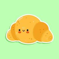 lindo y divertido personaje de pegatina de croissant. icono de ilustración de personaje kawaii de dibujos animados dibujados a mano vectorial. aislado sobre fondo blanco. concepto de personaje de croissant vector