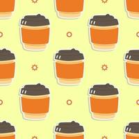 Funny cute happy coffee paper cup pattern characters. Vector kawaii line cartoon style illustration. Cute coffee paper cup pattern