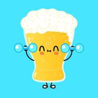 Cute funny glass of beer character with dumbbells. Vector hand drawn cartoon kawaii character illustration icon. Isolated on blue background. Glass of beer character gym concept