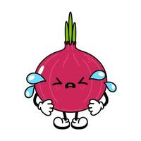 lindo gracioso llorando triste personaje de cebolla roja. vector dibujado a mano dibujos animados tradicionales vintage, retro, icono de ilustración de carácter kawaii. aislado sobre fondo blanco. concepto de personaje de cebolla llorando