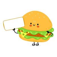 Cute funny hamburger with poster character. Vector hand drawn cartoon kawaii character illustration icon. Isolated on white background. Hamburger character concept