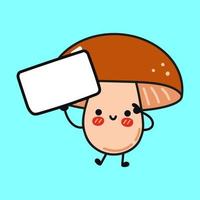 Cute funny Mushroom with poster. Vector hand drawn cartoon kawaii character illustration icon design. Isolated on blue background.