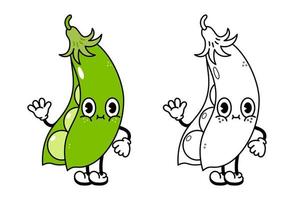 Cute funny peas waving hand character outline cartoon illustration for coloring book. Vector hand drawn traditional cartoon vintage, retro, peas pod character. Isolated on white background