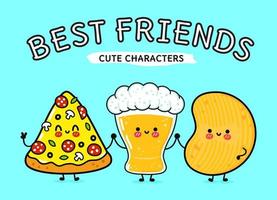 lindo, divertido y feliz vaso de cerveza, pizza y papas fritas. personajes kawaii de dibujos animados dibujados a mano vectorial, icono de ilustración. Divertido vaso de dibujos animados de cerveza, pizza y papas fritas mascota concepto de amigos vector