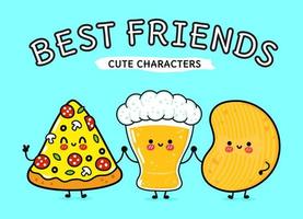 Cute, funny happy glass of beer, pizza and chips. Vector hand drawn cartoon kawaii characters, illustration icon. Funny cartoon glass of beer, pizza and chips mascot friends concept