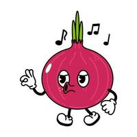 Cute funny red onion walking singing character. Vector hand drawn traditional cartoon vintage, retro, kawaii character illustration icon. Isolated on white background. Onion walk and sing character