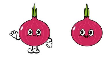 Cute funny red onion waving hand character. Vector hand drawn traditional cartoon vintage, retro, kawaii character illustration icon. Isolated on white background. Onion character concept