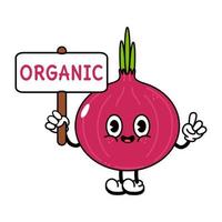 Cute funny red onion with an inscription organic character. Vector hand drawn traditional cartoon vintage, retro, kawaii character illustration icon. Isolated white background. Red onion character