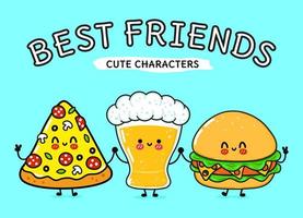 Cute, funny happy glass of beer, pizza and hamburger. Vector hand drawn cartoon kawaii characters, illustration icon. Funny cartoon glass of beer, pizza and hamburger mascot friends concept
