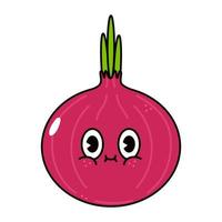 Cute funny red onion character. Vector hand drawn traditional cartoon vintage, retro, kawaii character illustration icon. Isolated on white background. Onion character concept
