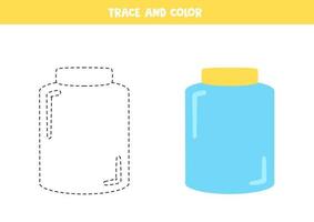Trace and color cartoon glass jar. Worksheet for children. vector