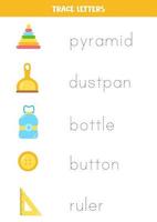 Trace words. Educational game for kids. Plastic objects. vector