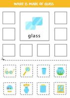 What is made of glass. Learning materials. Educational cards. Cut and glue. vector