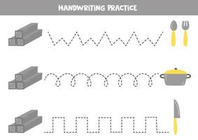 Tracing lines with metallic objects. Writing practice. vector