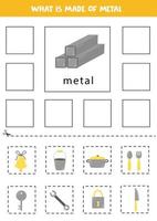 lo que está hecho de metal. Aprendiendo materiales. tarjetas educativas. corta y pega. vector