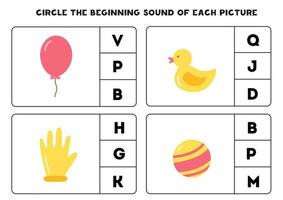 Worksheet for kids. Find the beginning sound of rubber objects. vector