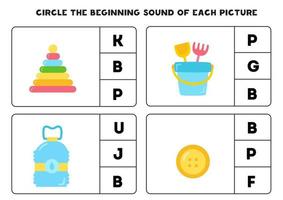 Worksheet for kids. Find the beginning sound of plastic objects. vector