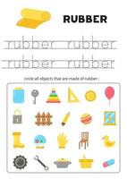 What is made of rubber. Circle all rubber objects. Education worksheet. vector