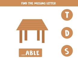 Find missing letter with wooden table. Spelling worksheet. vector