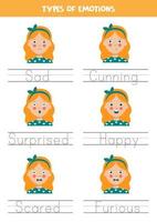 Tracing names of emotions types. Writing practice. vector