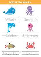 Tracing names of sea animal types. Writing practice. vector