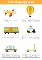 Tracing names of transportation means. Writing practice. vector