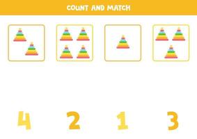 Counting game for kids. Count all toy pyramids and match with numbers. Worksheet for children. vector