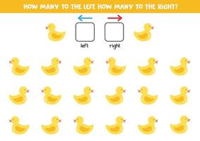 Left or right with cute rubber duckling. Logical worksheet for preschoolers. vector