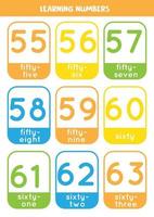 Learning numbers cards from 55 to 63. Colorful flashcards. vector