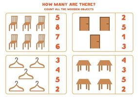 Counting game with cartoon wooden objects. Educational worksheet. vector