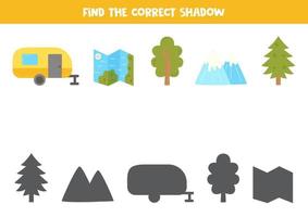 Find the correct shadows of cartoon camping elements. Logical puzzle for kids. vector